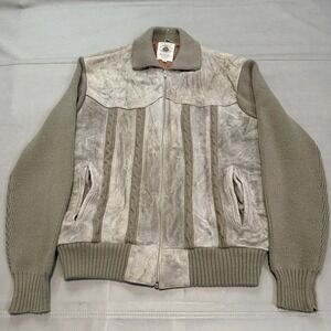 VTG Caribou Bay Men Cable Knit Gray Suede Leather Knit Bomber Western Jacket5376